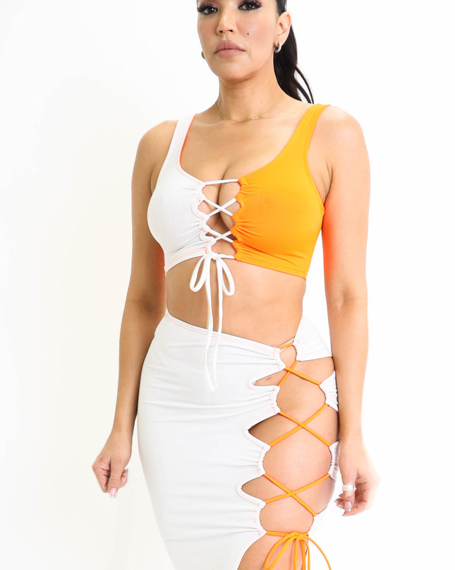 ColorBlock Side Lace up Top & Matching Maxi Skirt 2 Piece Outfit Set