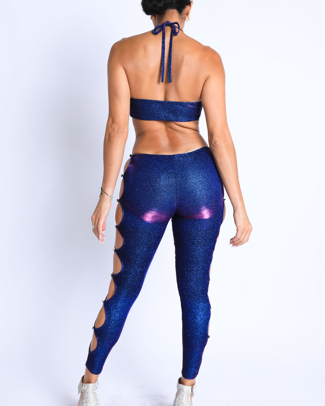 Glittery Cutout Halter Neck Keyhole Sexy Party Jumpsuit BLUE/FUCHSIA