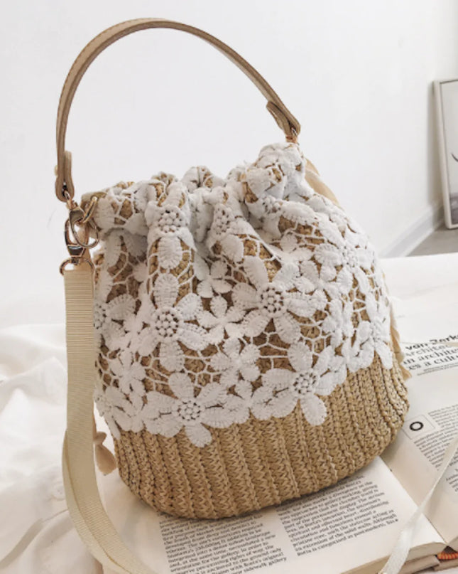 Summer Crossbody Straw Bucket with Lace