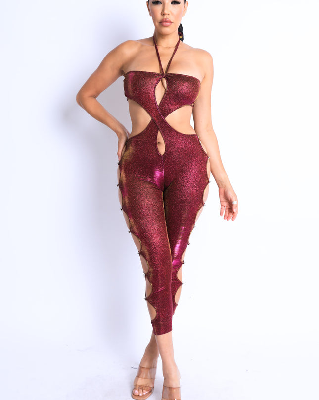 Glittery Cutout Halter Neck Keyhole Sexy Party Jumpsuit FUCHSIA/GOLD