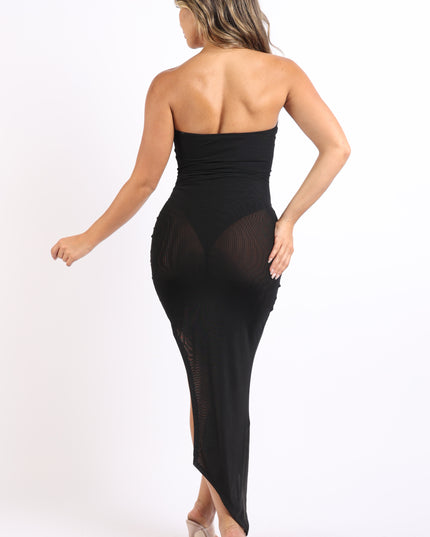 Sexy Off The Shoulder Black Tube Dress Asymmetric With Mesh Contrast