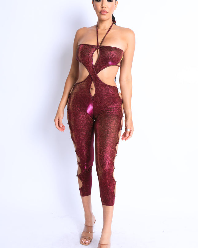 Glittery Cutout Halter Neck Keyhole Sexy Party Jumpsuit FUCHSIA/GOLD