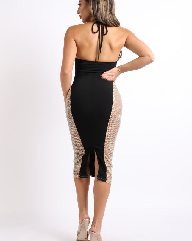 Sexy Cut Out Rhinestone Fishnet Contrast Clubwear Party Dress BLACK