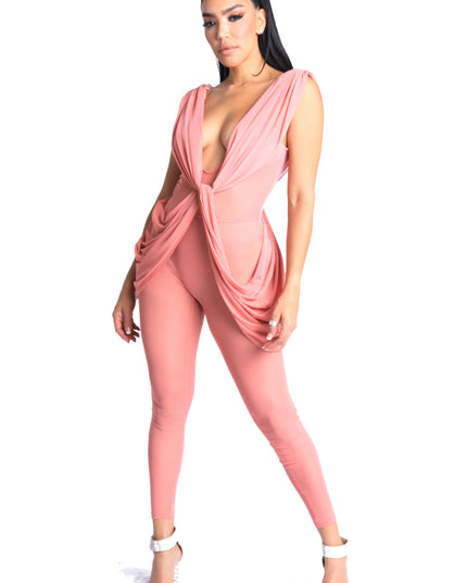 Sexy Sleeveless Lightweight Draped Mesh Jumpsuit Party Clubwear MAUVE