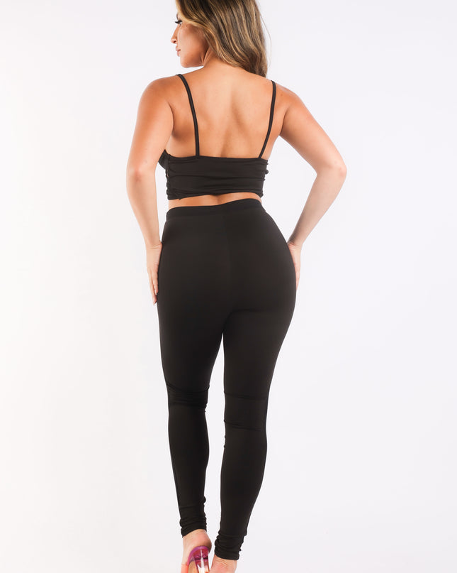 Mesh Contrast Sets Casual Sports Strappy Sleeve Top & Leggings BLACK