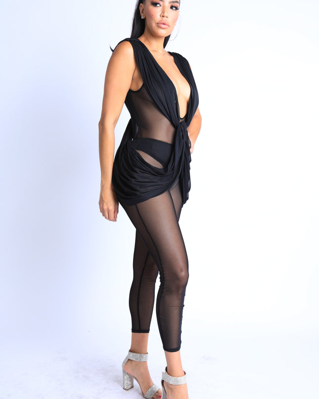 Sexy Sleeveless Lightweight Draped Mesh Jumpsuit Party Clubwear BLACK