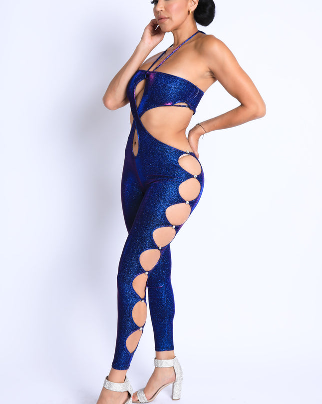 Glittery Cutout Halter Neck Keyhole Sexy Party Jumpsuit BLUE/FUCHSIA