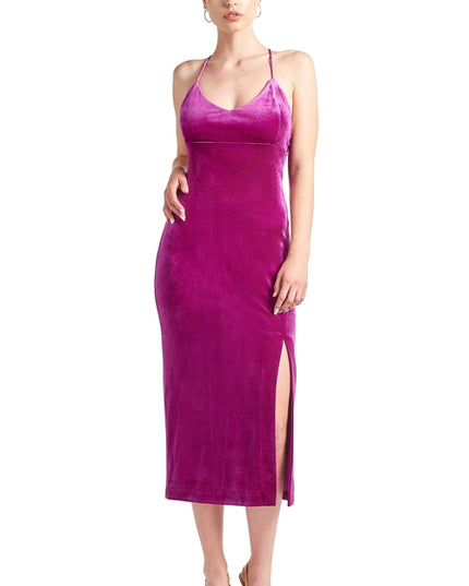Elle Magenta Velvet Long Slip Dress - Front Thigh Slit, Low Criss