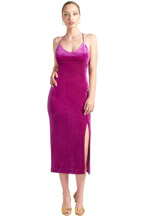 Elle Magenta Velvet Long Slip Dress - Front Thigh Slit, Low Criss