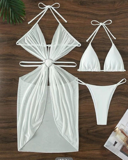 3pcs Halter Neck Bikini Beach Summer Solid Color Split Swimsuit Womens