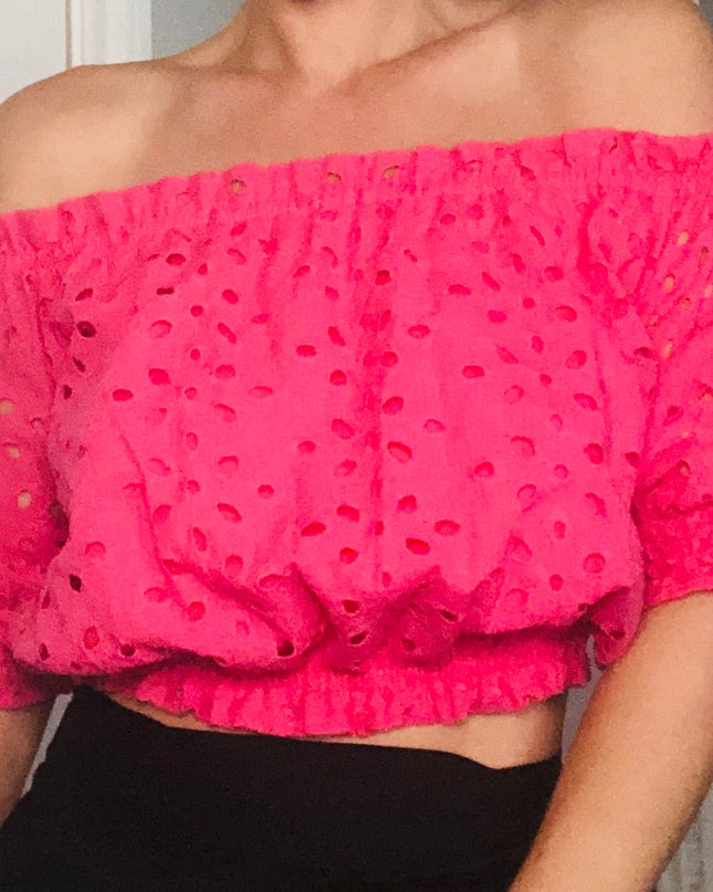 Azalea Pink Eyelet Off Shoulder Crop Top