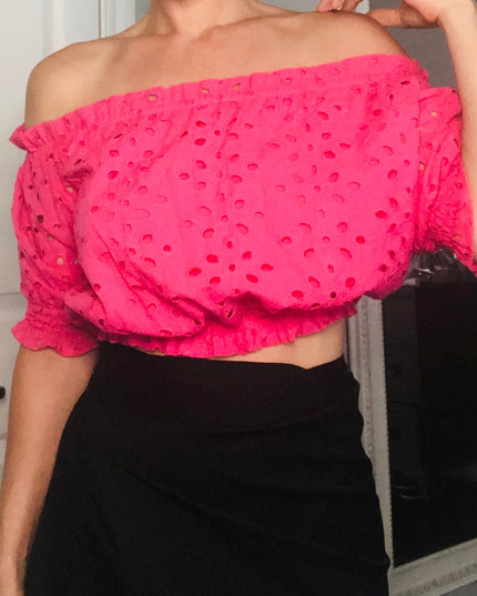Azalea Pink Eyelet Off Shoulder Crop Top